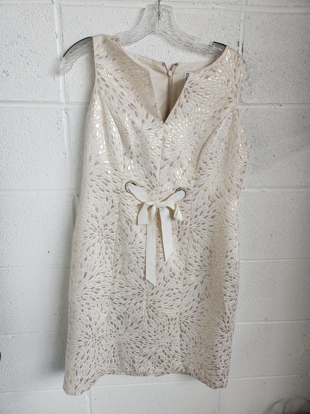 Jessica Howard Ivory Dress with Gold Metallic Detail and Bow